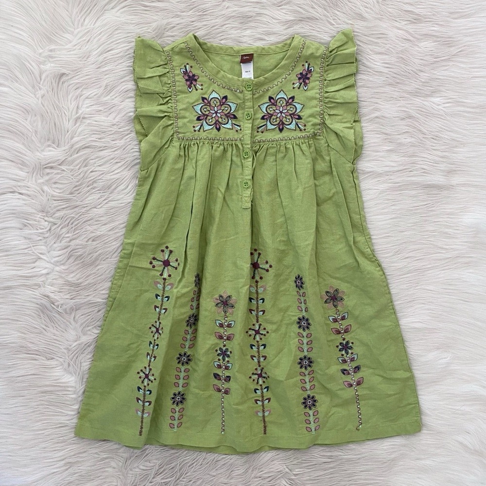 Tea Collection Green Linen Blend Purple Floral Embroidered Short Sleeve Dress